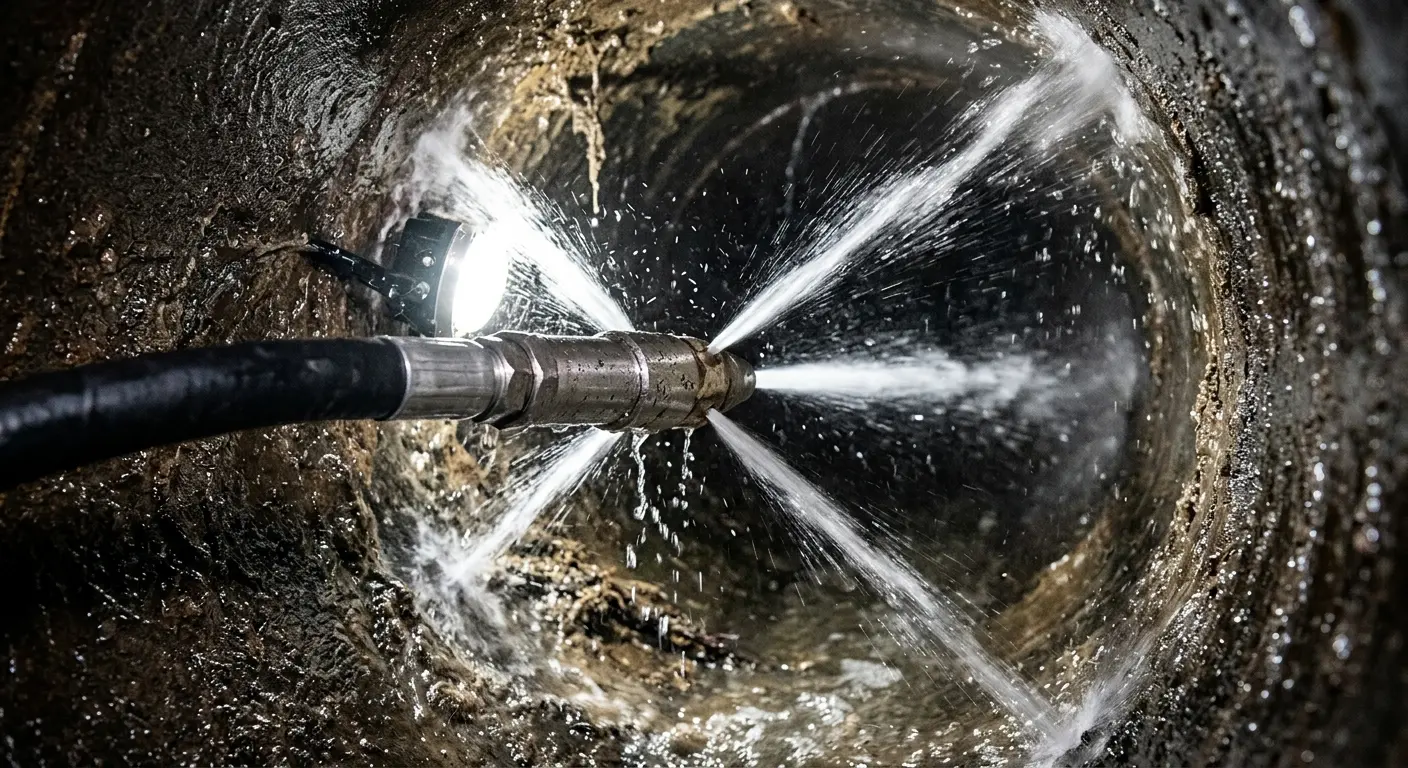High-pressure hydro jetting nozzle cleaning sewer pipe for Sewer Line Relining in Parkville