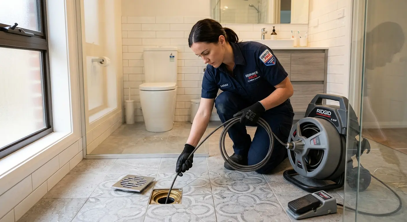 Technician clearing a bathroom floor drain for Clogged Drain Repair in Parkville